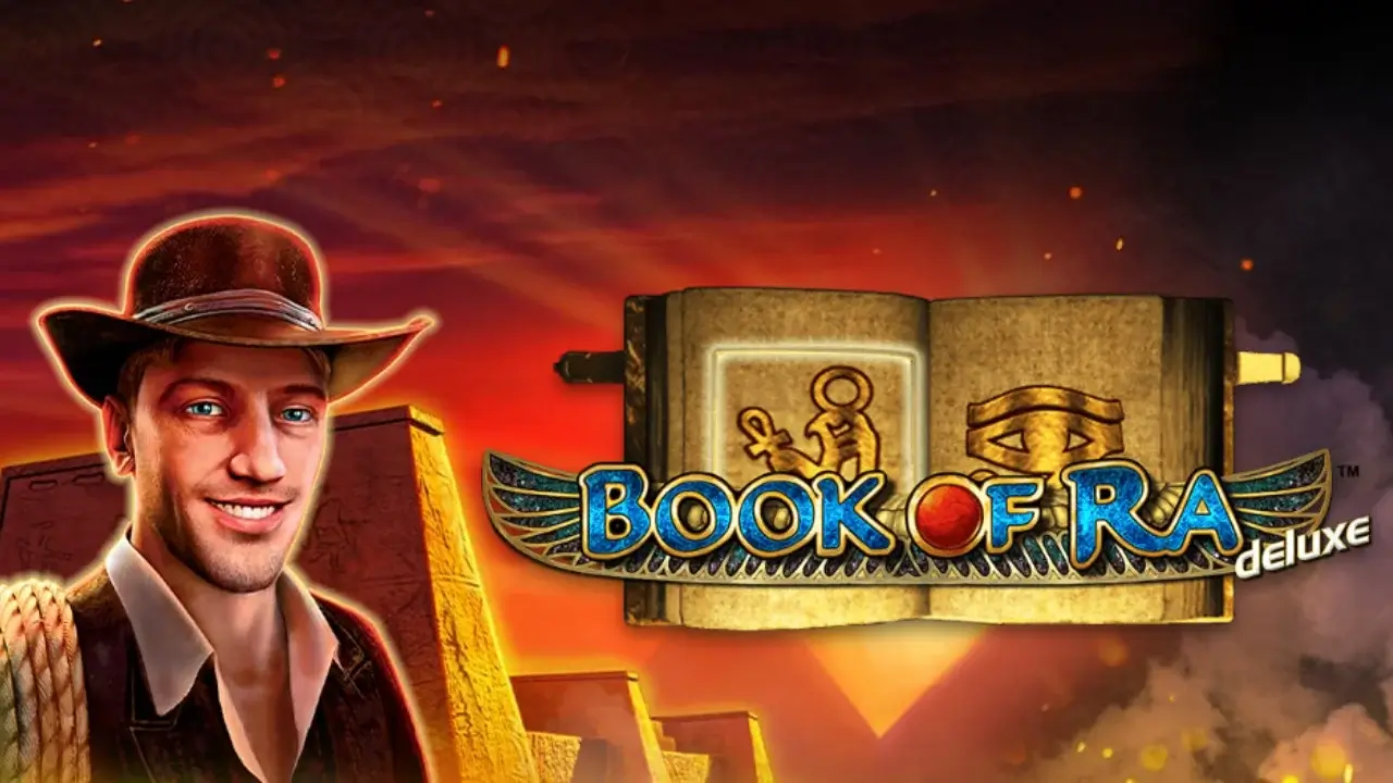 Book of Ra Deluxe Key Art mit Abenteurer, goldenem Buch und Pyramiden